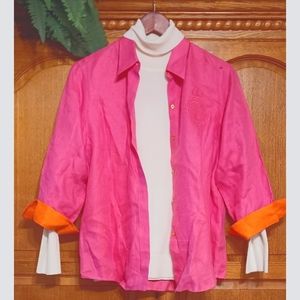 Lauren Ralph Lauren Pink/Orange Snap Front Logo Linen Top